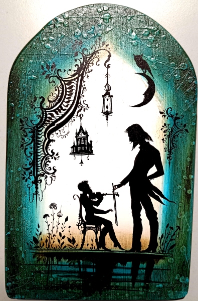 Pictura pe lemn - Profesor Elev Vioara 22 x 14