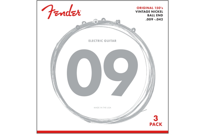 3 seturi Corzi de Chitară Fender Original 150 Guitar Strings Pure Nickel Wound Ball End 150L .009-.042 Gauges 3-Pack