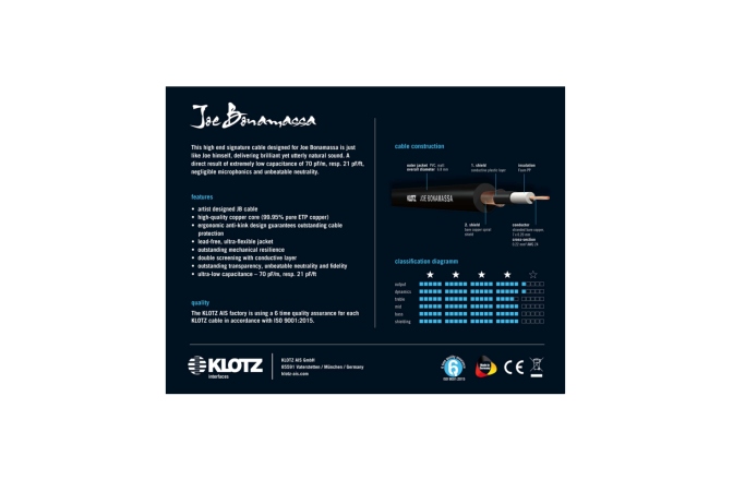 Cablu chitară high-end Klotz Joe Bonamassa high end guitar cable - 3 m - black - straight - straight