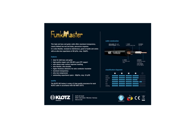 Cablu FunkMaster profesional Klotz FunkMaster high end guitar & bass cable - 9 m - straight - straight