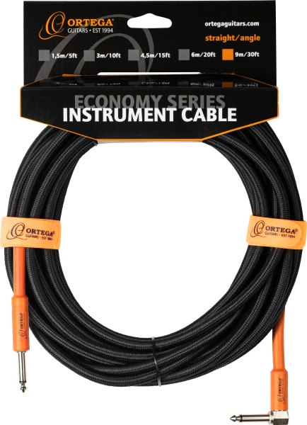 Ortega Instrument Cable - 9m/30ft. Black Tweed, STRAIGHT/ANGLE, Economy Series
