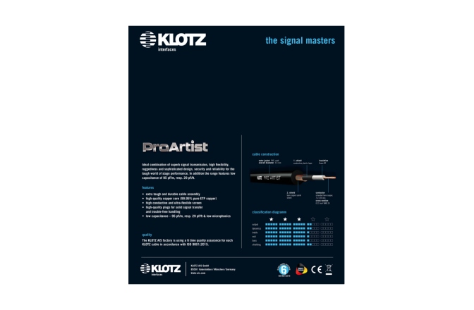 Cablu instrument profesional Klotz PRO ARTIST professional guitar cable with jacks from nickel and nickel-plated contacts - by Neutrik® - 3 m - straight - straight