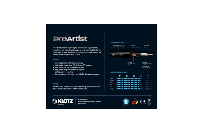 Cablu instrument profesional Klotz PRO ARTIST professional guitar cable with slim black chromed jacks - 4.5 m - straight - angled
