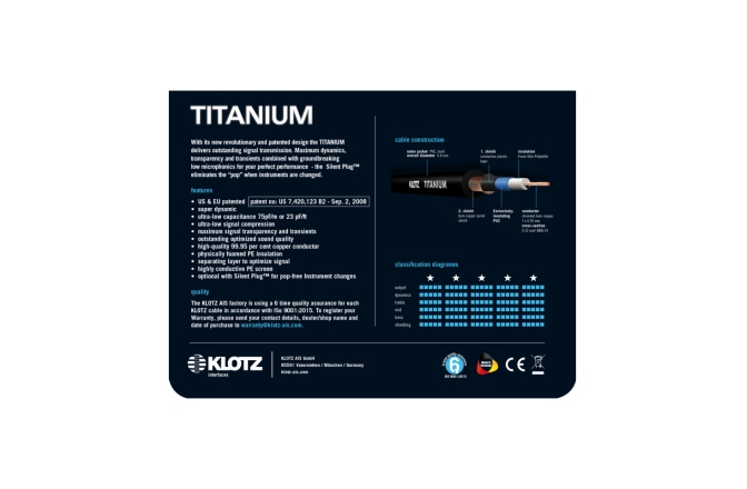 Cablu patch chitară premium Klotz supreme TITANIUM patch cable with angled jacks - 0.3 m