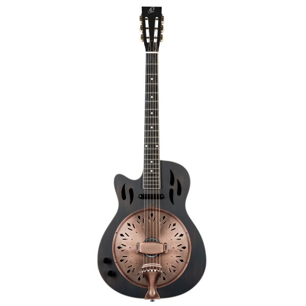 Ortega Americana Series Resonator Guitar 6 String Lefty - Distressed Black / Antique Brass HW