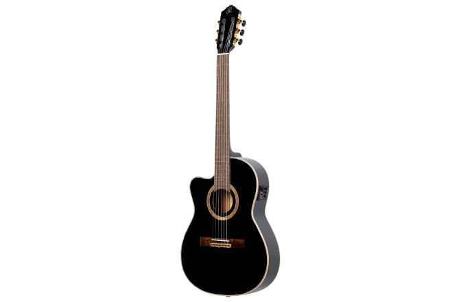 Chitară electro-clasică stângaci Ortega Performer Series Classical Guitar  4/4 Slim Neck Thinline Body Lefty - Black + Bag