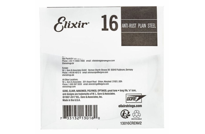 Coardă pentru Chitră Electrică și Acustică Elixir PL016 Plain Steel 13016