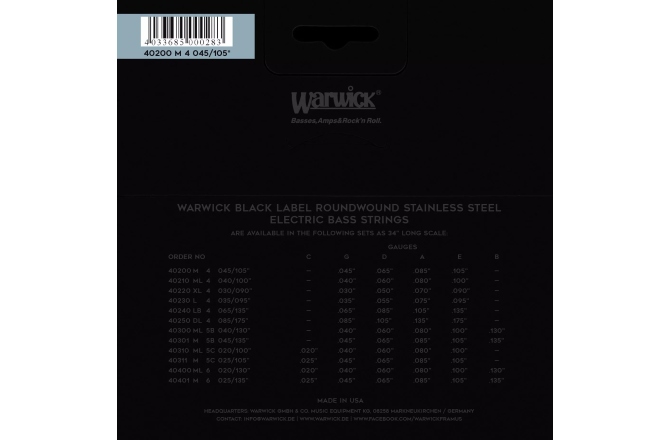 Corzi chitară bas Warwick Black Label 4 Set Medium 045/105 40200 M