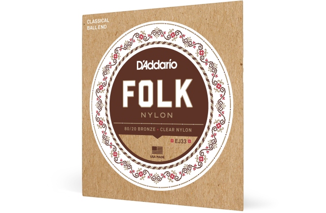 Corzi chitară clasică Daddario EJ33 Folk Ball End 80/20 Bronze/Clear Nylon Trebles