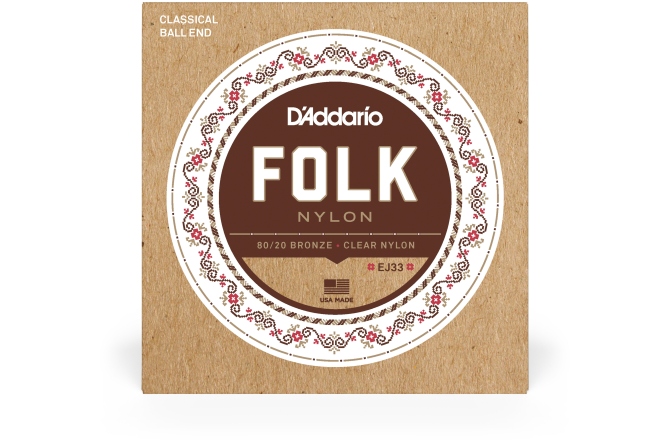 Corzi chitară clasică Daddario EJ33 Folk Ball End 80/20 Bronze/Clear Nylon Trebles