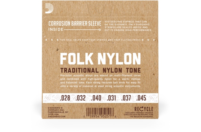 Corzi chitară clasică Daddario EJ33 Folk Ball End 80/20 Bronze/Clear Nylon Trebles