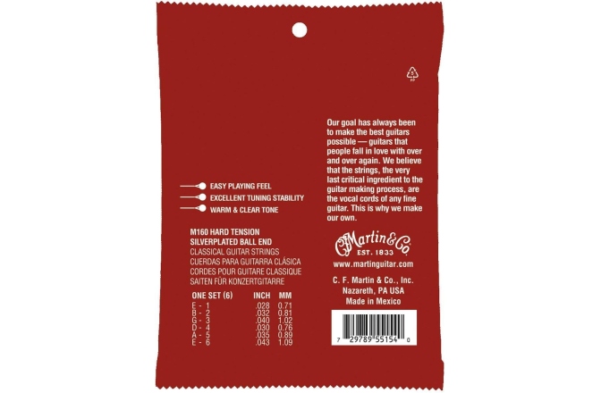 Corzi chitară clasică Martin Guitars M160 Classical Hard Tension Silver Ball End