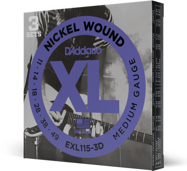 Daddario EXL115-3D Nickel Wound Medium/Blues-Jazz Rock 11-49 3 Sets