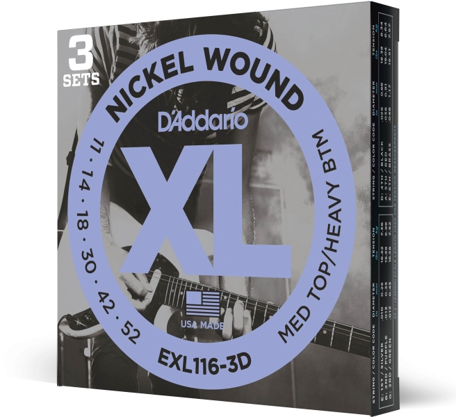 Daddario EXL116-3D Nickel Wound Medium Top/Heavy Bottom 11-52 3 Sets