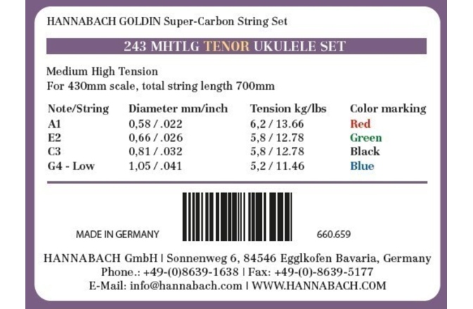 Corzi ukulele Tenor Hannabach Corzi ukulele Set Low G