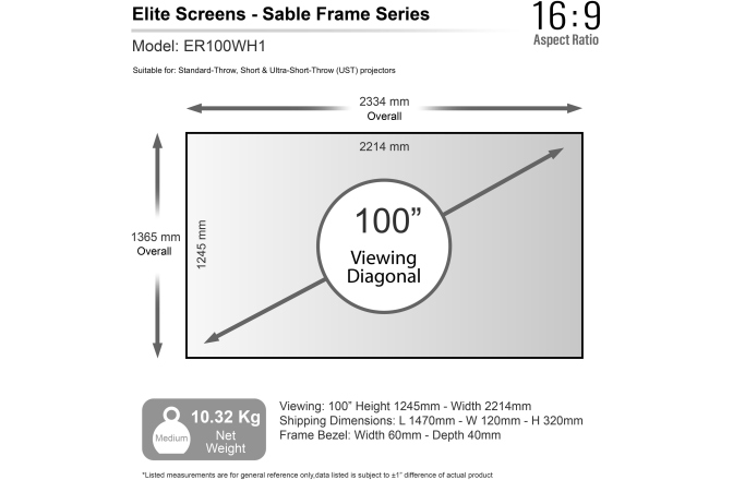 Ecran de proiecție cu montare pe trepied Elitescreens  221.4 x 124.4 cm SABLEFRAME ER100WH1 rama catifelata