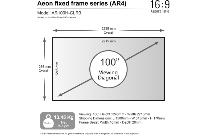 Ecran de proiecție Elitescreens Ecran de proiectie AR100H-CLR3, rama fixa, 222 x 125 (100"),Ambient Light Rejecting, ALR ULTRA SHORT