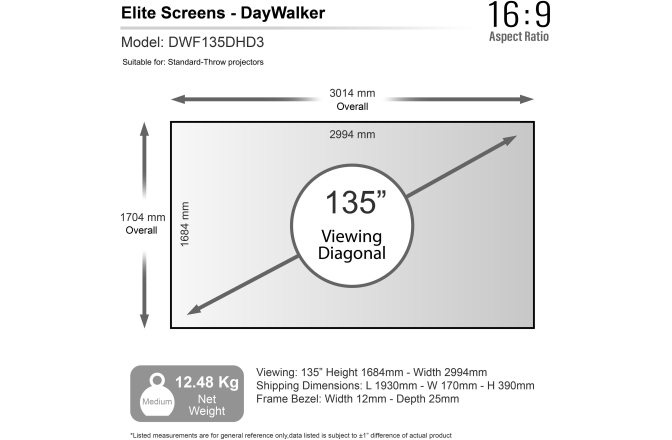 Ecran de proiectie ptr ALR LONG THROW Elitescreens  299 x 168, Full Grey  DWF135DHD3 rama fixa
