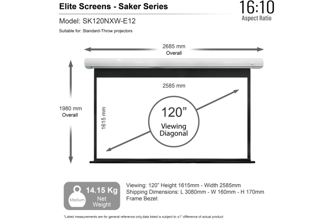 Ecran proiectie electric perete/tavan Elitescreens 258.5 x 161,5 cm, Saker SK120NXW-E12 Format 16:10