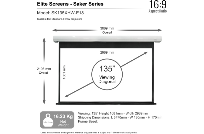 Ecran proiectie electric perete/tavan  Elitescreens 299 x 168 SK135XHW-E18, Format 16:9 Trigger 12V Drop 50cm