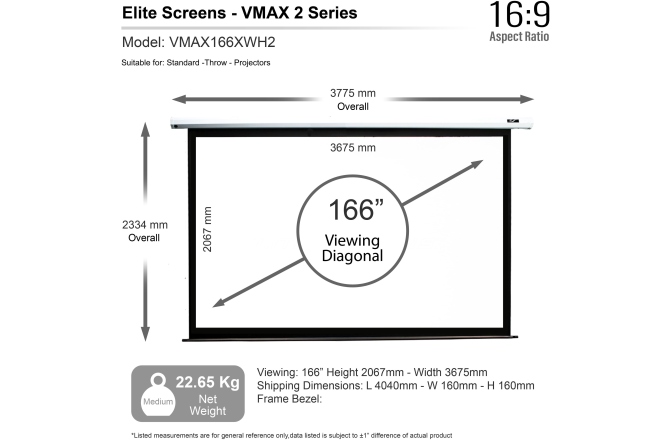 Ecran proiectie electric perete/tavan Elitescreens 368 x 207 cm VMAX166XWH2 Format 16:9 Trigger 12V