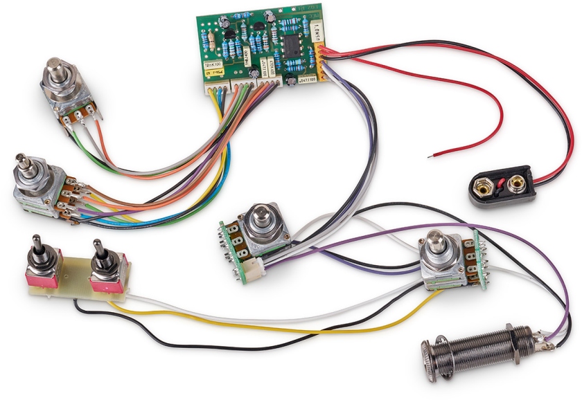 MEC Pickups 60065 - Active EQ2 Electronics For Active Pickups (Vol PP / Bal / T+B / M), w/ 2 Toggle Switches