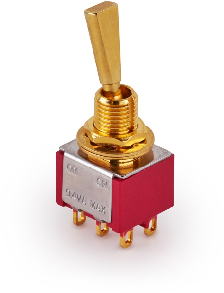 MEC Pickups Mini Toggle Switch, Flat, Solder Lugs, ON/ON, DPDT - Gold
