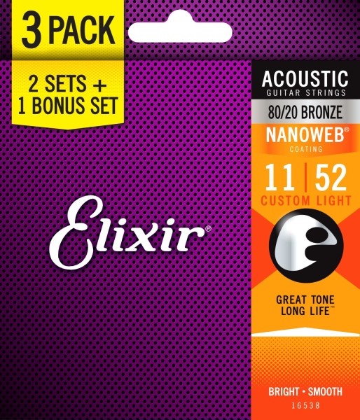 Elixir 3Pack Nanoweb Acoustic 80/20 11-52