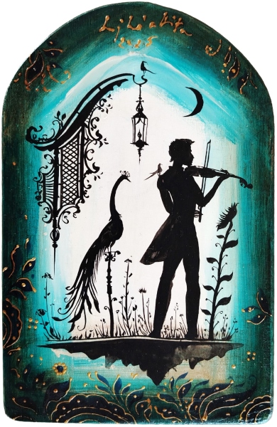 Pictură pe lemn - Violonist cu păun I 22 x 14