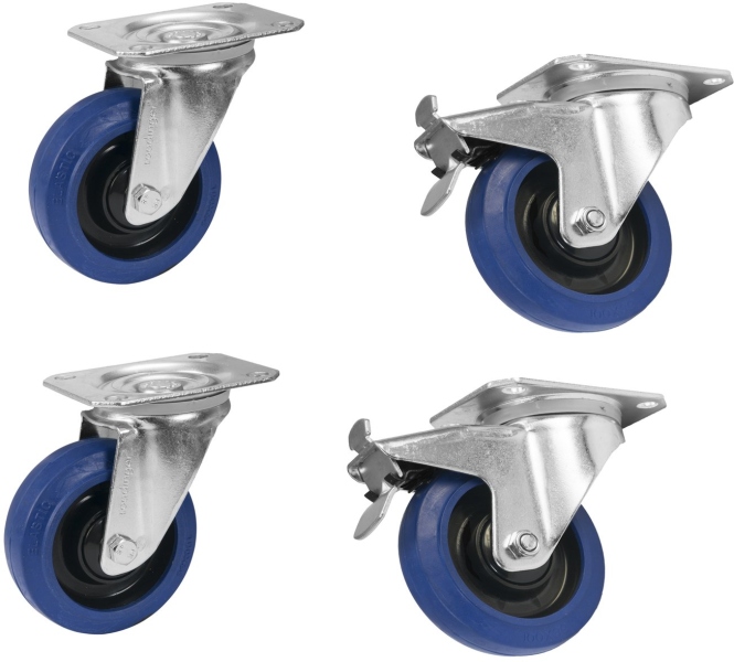 Roadinger Set Roti pivotante 100mm albastre 2x RD-100 + 2x RD-100B cu frana