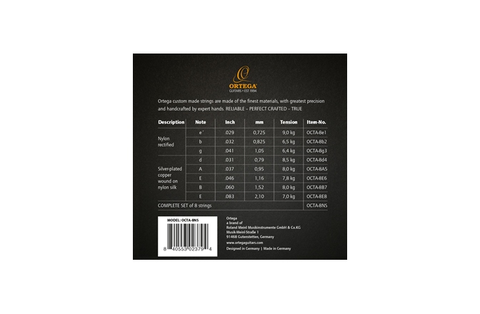 Set chitară clasică-8 corzi Ortega String Set 8-String Nylon Silver-plated Copper Wound - Made in Germany by Pyramid