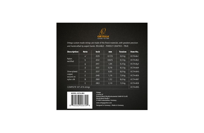 Set chitară clasică-8 corzi Ortega String Set 8-String Nylon Silver-plated Copper Wound - Made in Germany by Pyramid