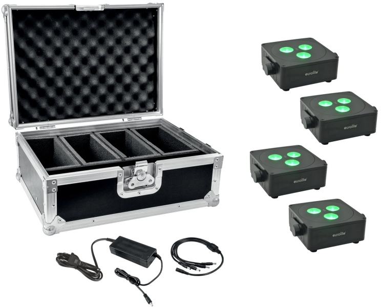 Eurolite Set 4x AKKU IP Flat Light 3 bk + Charger + Case