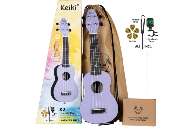 Set ukulele sopran Ortega KEIKI K2 Series Ukulele Set 4 String ''Lavender Field" - incl. Gymbag/H-Tuner/5 Picks/Strap
