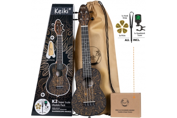 Ortega KEIKI K2 Series Superscale Ukulele Set 4 String - Agathis top / Orange + Headstock tuner, Soundhole hook strap/support, 5 medium picks and drawstring bag