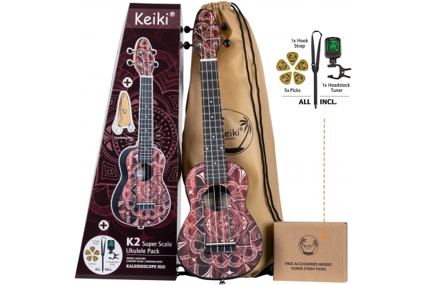 Ortega KEIKI K2 Series Superscale Ukulele Set 4 String - Agathis top / Red + Headstock tuner, Soundhole hook strap/support, 5 medium picks and drawstring bag