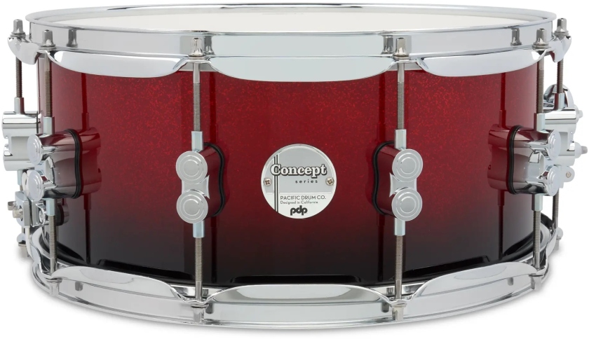 DW PDP Concept Maple Red to Black Fade Lacquer CR HW 6.5x14 PDCM6514SSRB