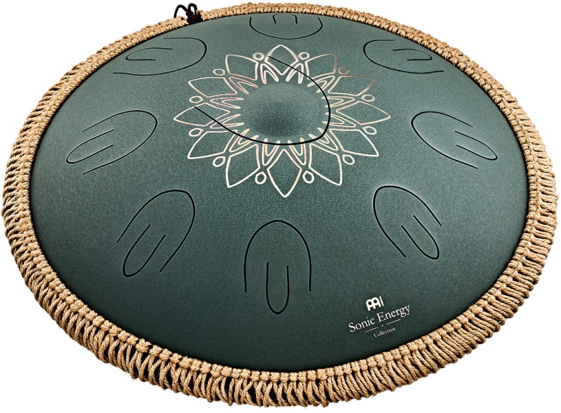 Meinl Sonic Energy 16'' Octave Steel Tongue Drum, F# Minor, 9 Notes, 432 Hz, Dark Green, Engraved floral design