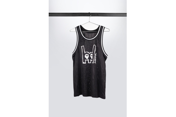 Black tanktop with imprinted white metal-fork logo on chest Black tanktop with imprinted white metal-fork logo on chest
