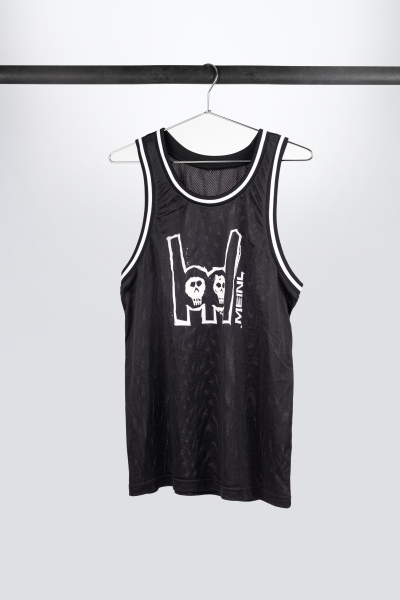 Meinl Black tanktop with imprinted white metal-fork logo on chest